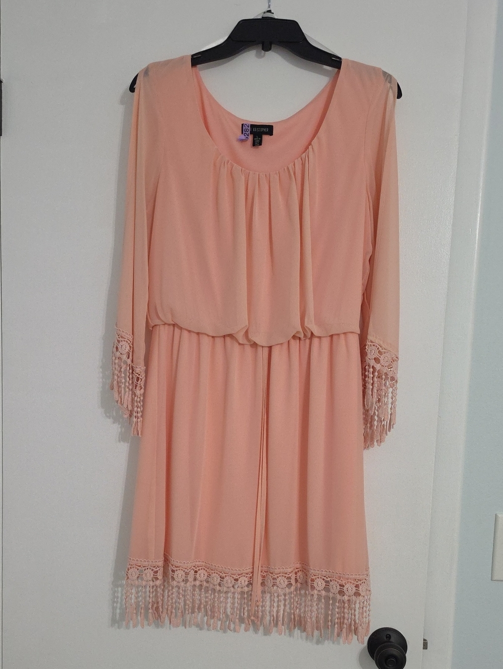 EUC Peach Fringe Hem & Sleeve Chiffon Dress size  large